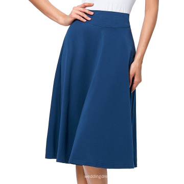 Kate Kasin Occident Mulher alta esticada Yale Blue Cotton High Waist A-line saia Flared KK000279-4